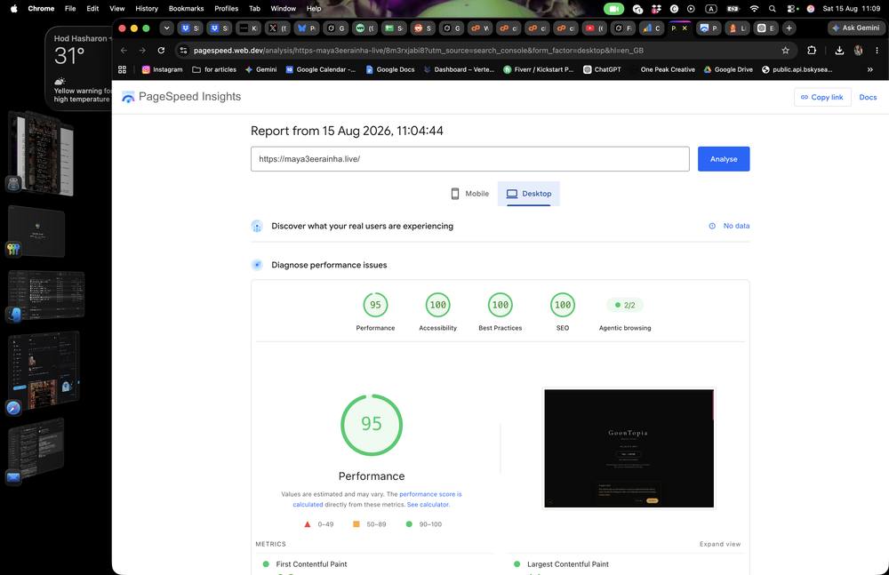 PageSpeed Insights desktop score 95 with perfect accessibility SEO and best practices