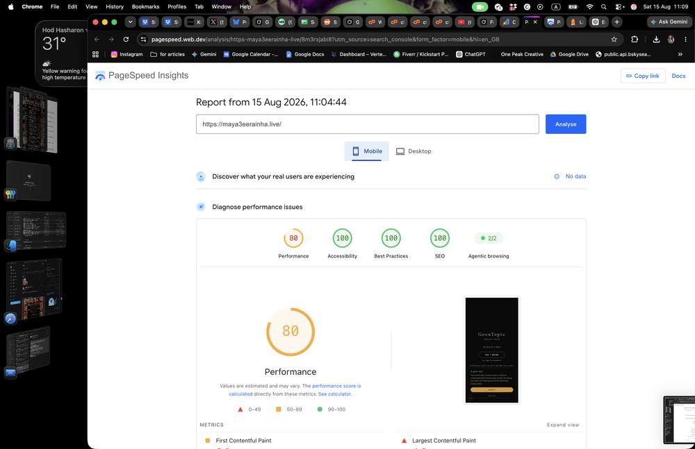PageSpeed Insights mobile score 80 with perfect accessibility SEO and best practices