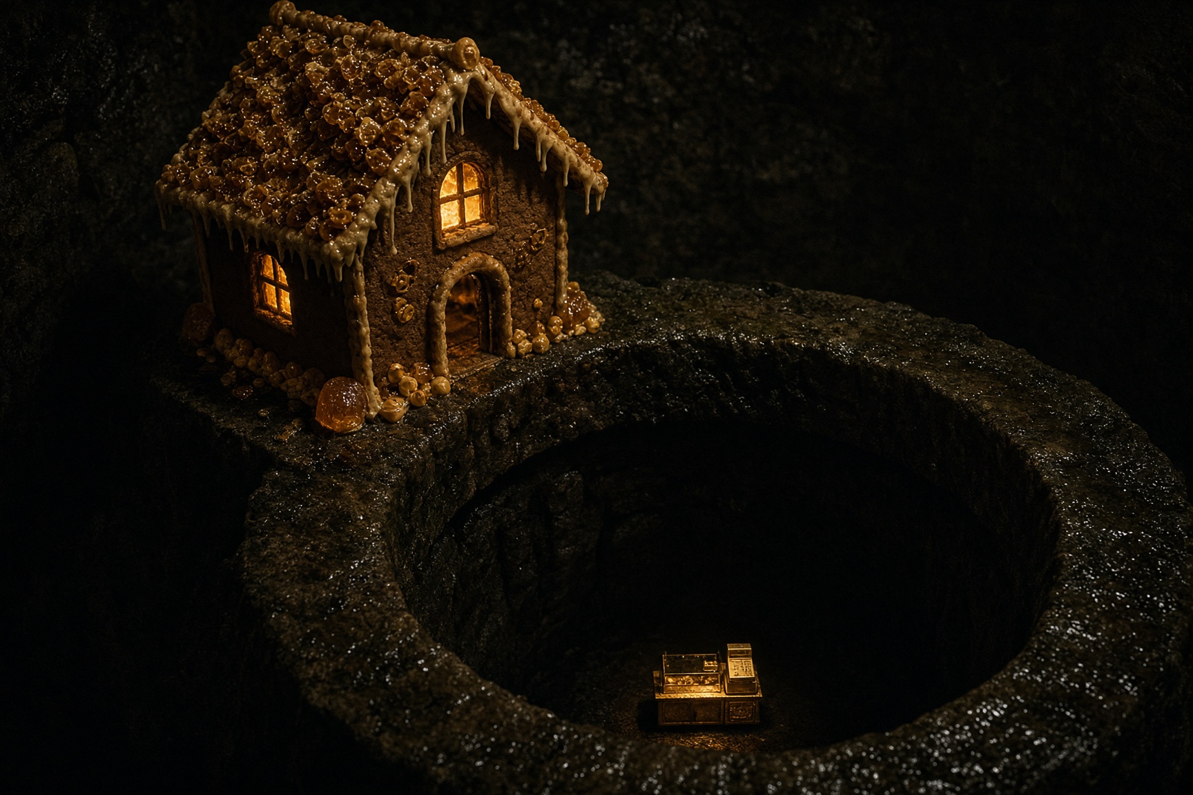 A candy house at the rim of a dark stone well, with a tiny gold shop counter glowing at the bottom