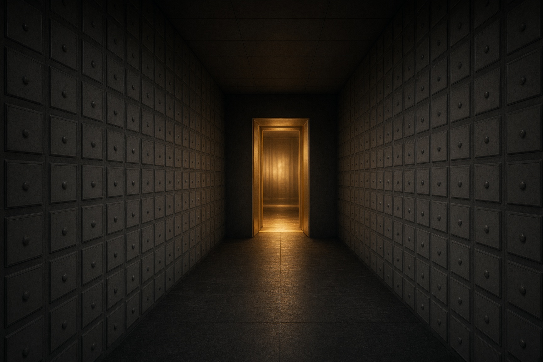 A dark corridor of identical small doors, one tall gold doorway lit at the far end