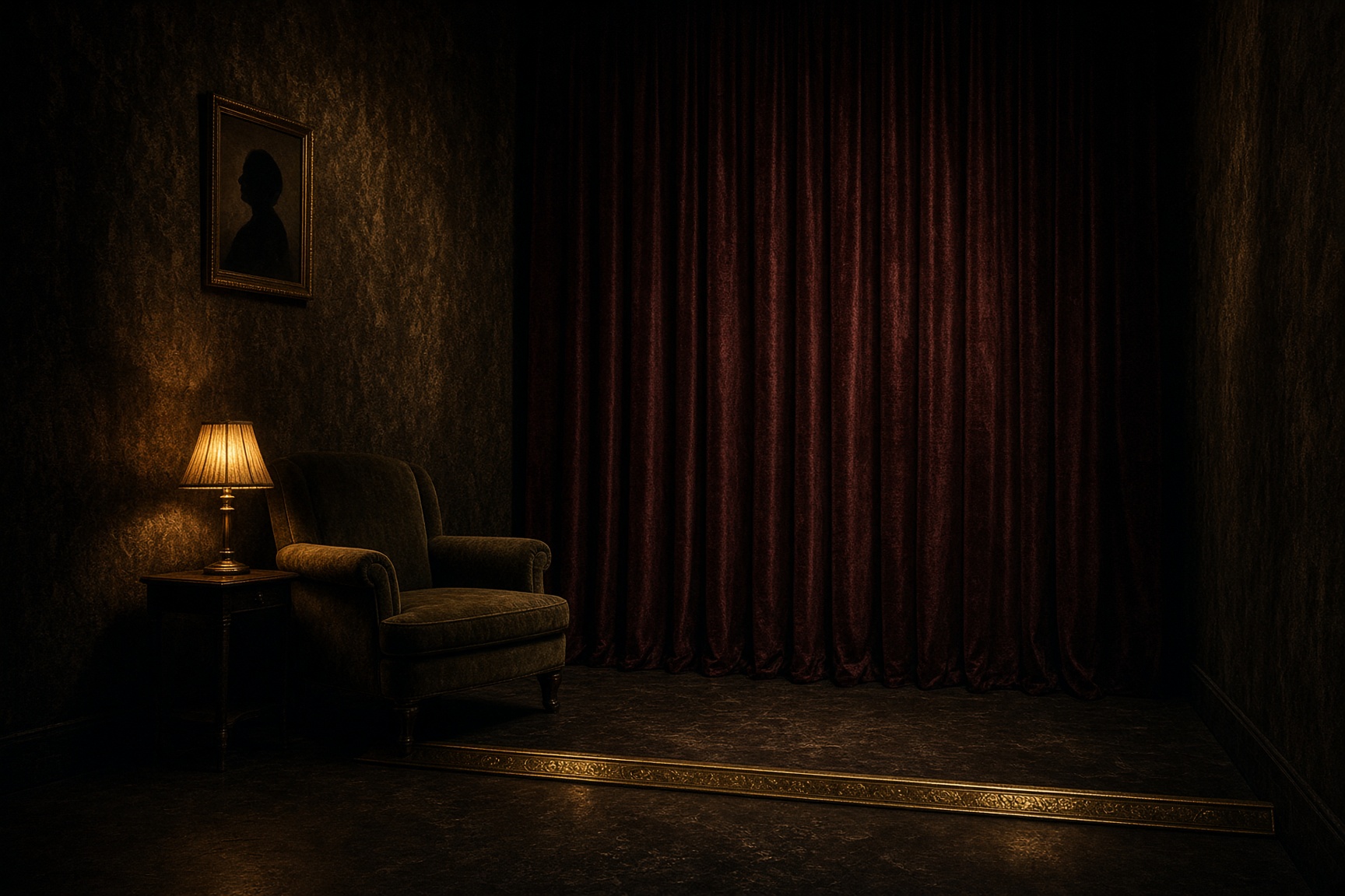 A dark velvet antechamber with a gold threshold and one lamp, before a heavier curtain
