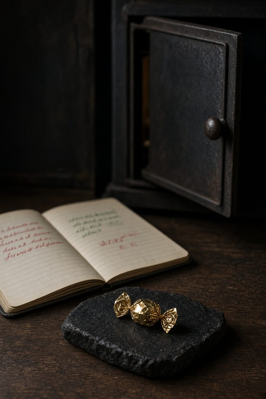A gold-wrapped candy on dark stone in front of a cold iron oven door standing open, with a lined notebook out of focus behind it
